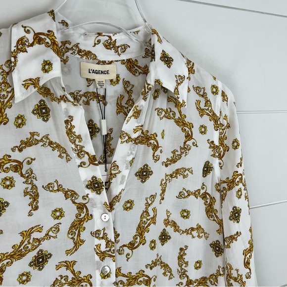 NEW L’AGENCE XS Holly Slim Long Sleeve Blouse Ivory Gold - Picture 3 of 14